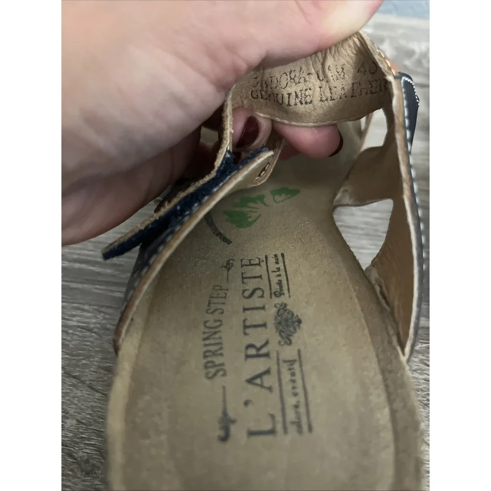 Spring Step LArtiste Sandals Womens 40 Navy Brown Jadora Floral Leather Wedge